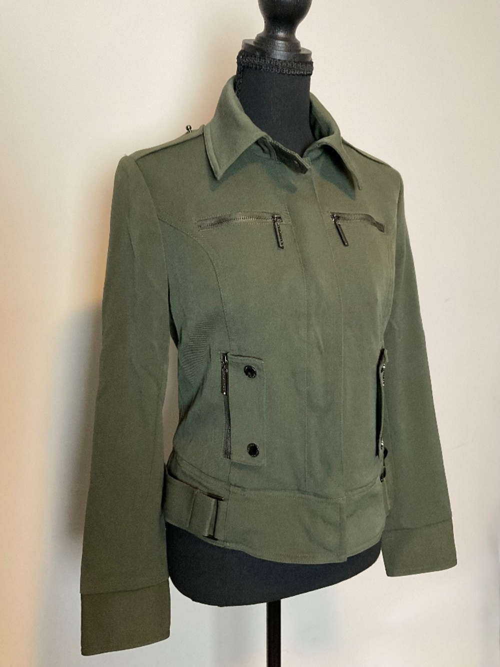 Vertigo Paris military-style zip-up utility jacket in an olive green shade.